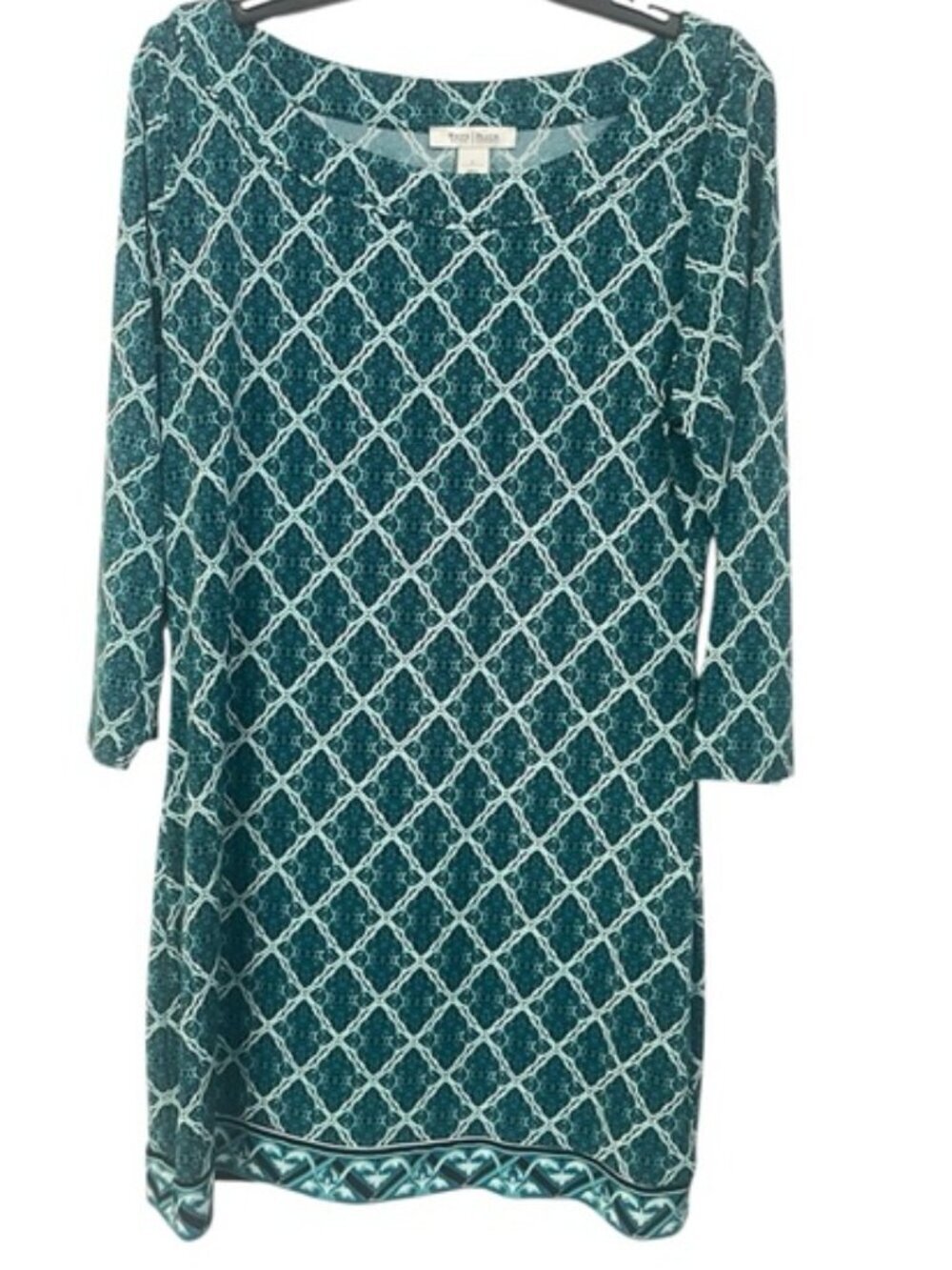 White House Black Market Teal and White Geometric Print Top